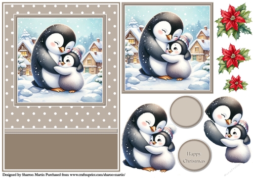 A5 Cute Christmas Penguin Family Card Front with Topper, Decoupage & Sentiments