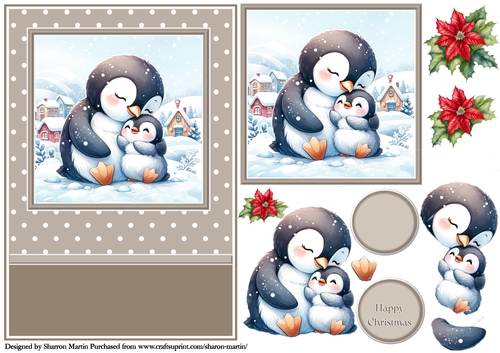 A5 Cute Christmas Penguin Family 2 Card Front with Topper, Decoupage & Sentiments