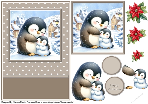 A5 Cute Christmas Penguin Family 3 Card Front with Topper, Decoupage & Sentiments