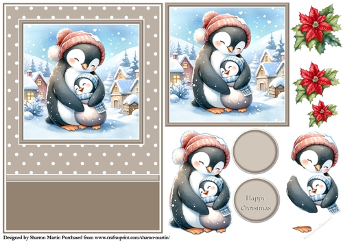 A5 Cute Christmas Penguin Family 4 Card Front with Topper, Decoupage & Sentiments