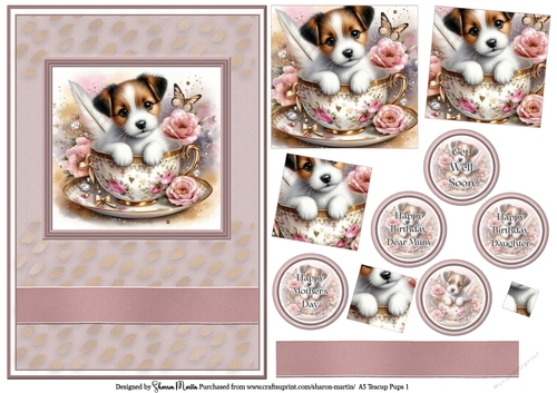 A5 Teacup Pups 1 Card Front, Pyramid Layers and Sentiments
