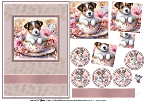 A5 Teacup Pups 4 Card Front, Pyramid Layers and Sentiments