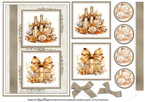 A5 Coral Anniversary Card Front, Topper and sentiments 