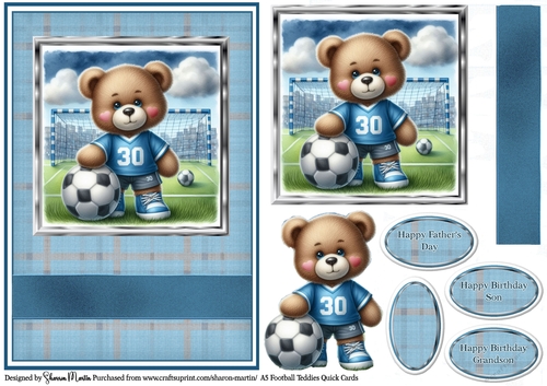 A5 Football Teddies Card Front, Topper, Decoupage and sentiments 