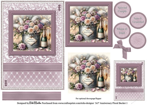 5x7 Anniversary Floral Bucket 1 Card Front, Toppers, Gift Tag and sentiment