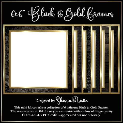 6x6 Black & Gold Frames - 6 Frames in PNG & JPEG