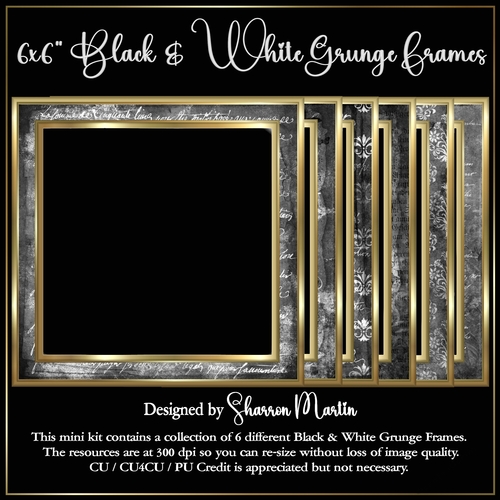 6x6 Black and White Grunge Frames - 6 Frames in PNG & JPEG