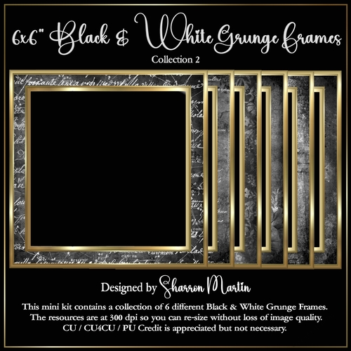 6x6 Black and White Grunge Frames - 7-12 Frames in PNG & JPEG