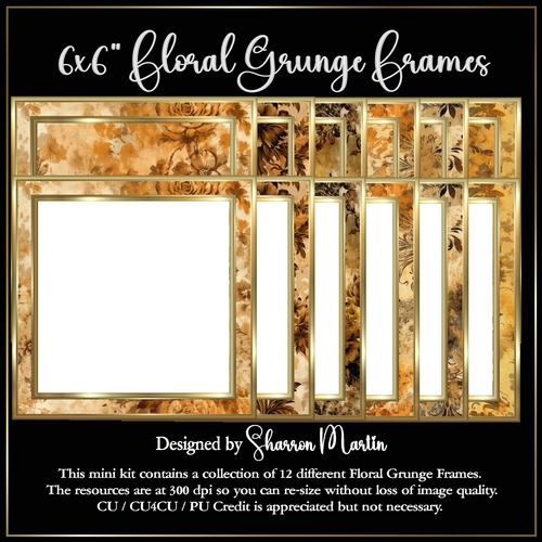 6x6 Floral Grunge Frames - 12 Frames in JPEG