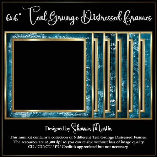 6x6 Teal Grunge Distressed Frames - x6 Frames in PNG & JPEG