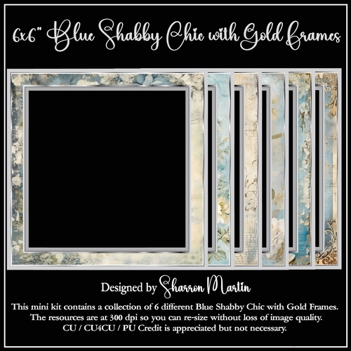 6x6 Blue Shabby Chic with SIlver Frames - x6 Frames in PNG & JPEG