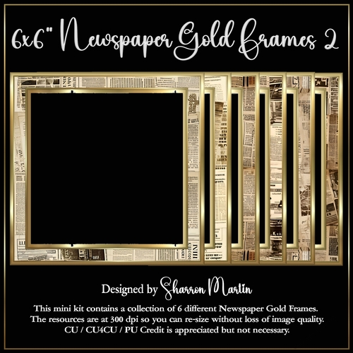 6x6 Newspaper Frames with Gold - x6 Frames COL.2  PNG & JPEG