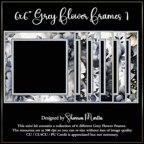 6x6 Grey Flower Frames - x6 Frames PNG