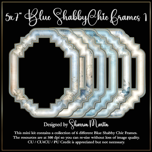 5x7 Blue Shabby Chic Fancy Frames - x6 Frames in PNG
