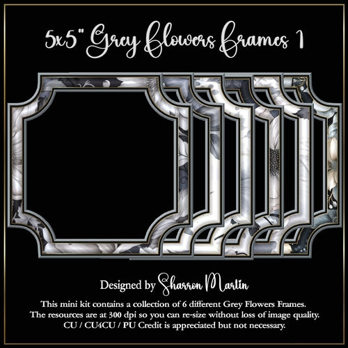 5x5 Grey Flower Frames - x6 PNG