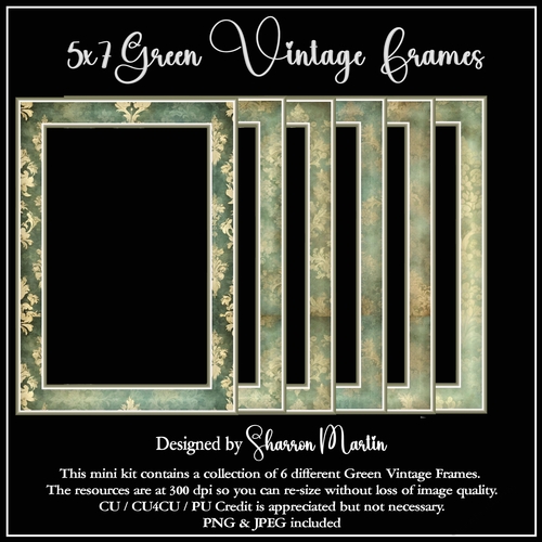 5x7 Green Vintage Frames (Rectangle) - x6 Frames in PNG 