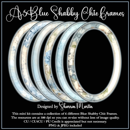 A5 Blue Shabby Chic Frames - x6 PNG
