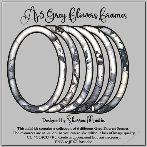 A5 Grey Flowers Frames - x6 PNG