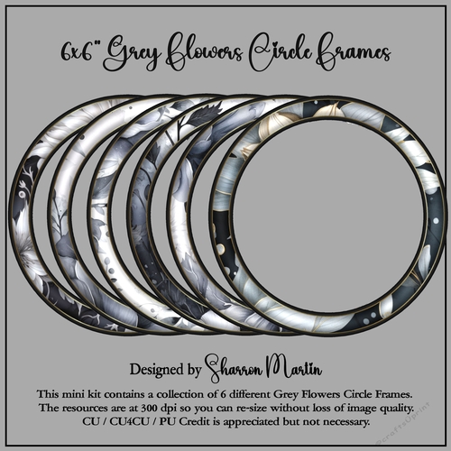 6x6 Grey Flowers Circle Frames - x6 PNG