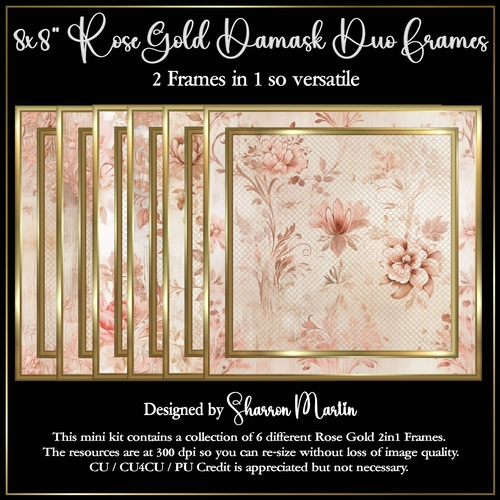 8x8 2in1 Rose Gold Damask Frames - x6 PNG Duo Frames