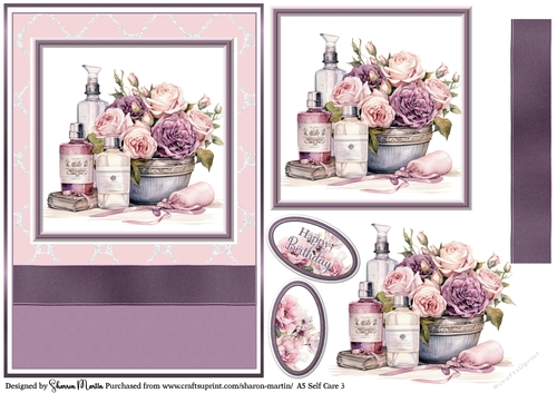 A5 Self Care 3 Card Front, Topper, Sentiments and Decoupage