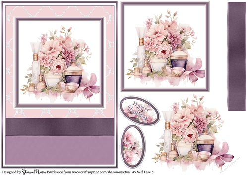 A5 Self Care 5 Card Front, Topper, Sentiments and Decoupage