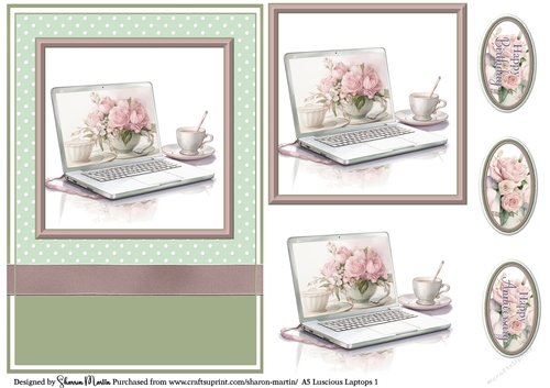 A5 Luscious Laptop 1 Card Front, Topper and sentiments with single layer decoupage