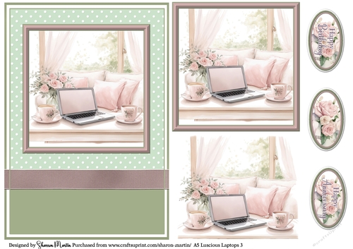 A5 Luscious Laptop 3 Card Front, Topper and sentiments with single layer decoupage