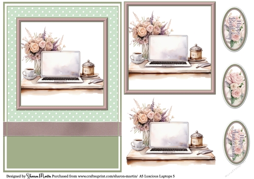 A5 Luscious Laptop 5 Card Front, Topper and sentiments with single layer decoupage