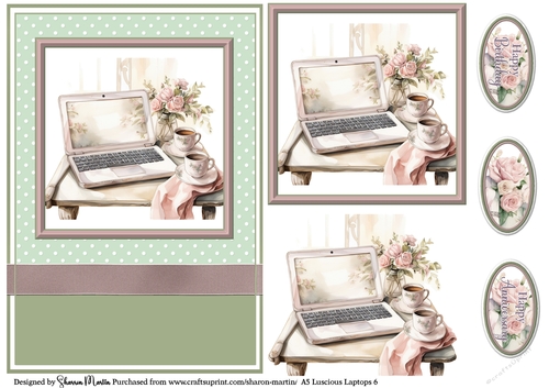 A5 Luscious Laptop 6 Card Front, Topper and sentiments with single layer decoupage