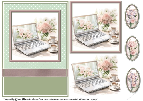 A5 Luscious Laptop 7 Card Front, Topper and sentiments with single layer decoupage
