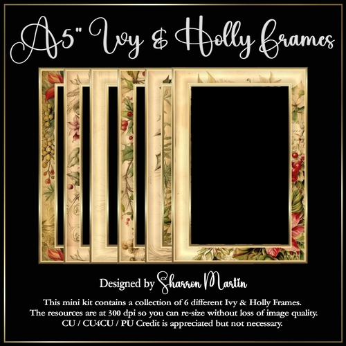 A5 Ivy & Holly Frames - x6 Frames PNG 