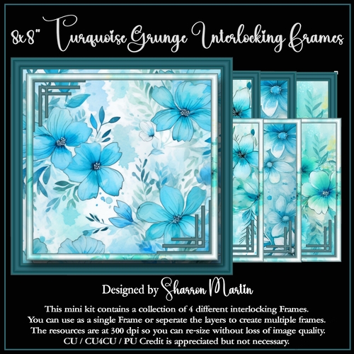8x8 Turquoise Grunge Frames 1 - x4 Interlocking Frames in PNG