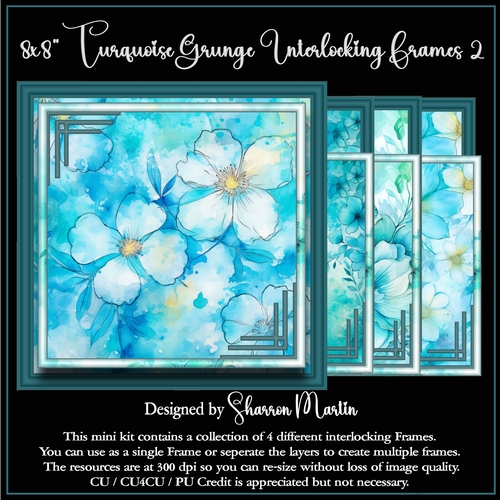 8x8 Turquoise Grunge Frames 2 - x4 Interlocking Frames in PNG