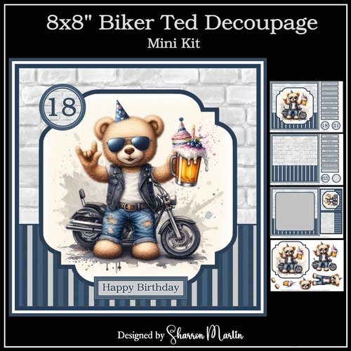 8x8 Biker Ted Decoupage Mini Kit - x4 A4 Sheets 