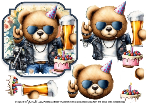 8x8 Biker Ted 2 Decoupage sheet