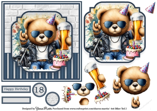 6x6 Biker Ted 2 Card Front, Topper and Decoupage with Sentiments