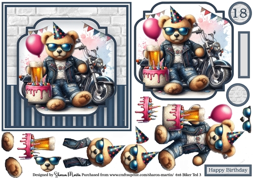 6x6 Biker Ted 3 Card Front, Topper, Decoupage Layers and Sentiments 