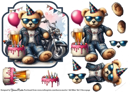 8x8 Biker Ted 3 Decoupage sheet