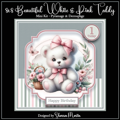 8x8 Beautiful White & Pink Teddy Mini Kit - x5 A4 Sheets Pyramage & x2 Decoupage Layers