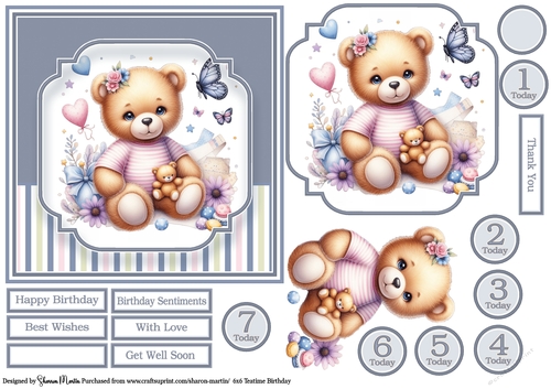 6x6 Teatime Birthday 5 - Card Front, Topper decoupage layer, sentiments & Numbers