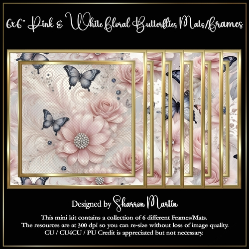 6x6 Pink & White Floral Butterfly Frames/Mats 1-6 in PNG