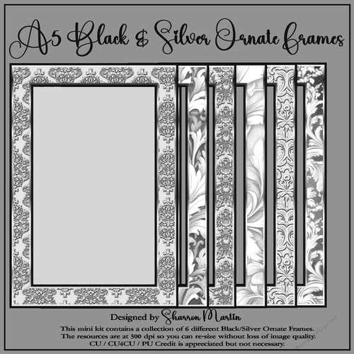 A5 Silver & Black Ornate Frames 1-6 in PNG