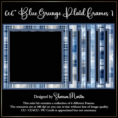 6x6 Blue Grunge Plaid Frames 1-6 in PNG