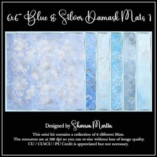 6X6 Blue & Silver Damask Mats 1-6 in PNG