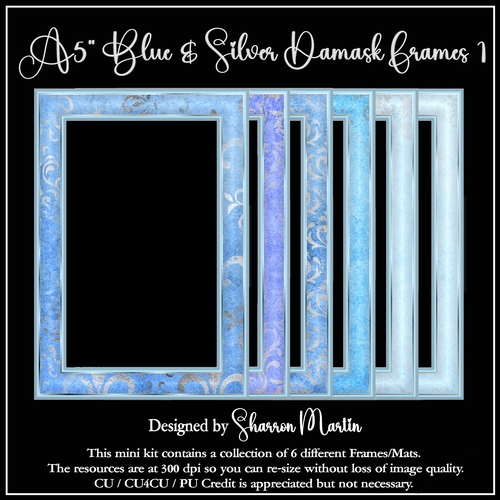 A5 Blue & Silver Damask Frames 1-6 in PNG