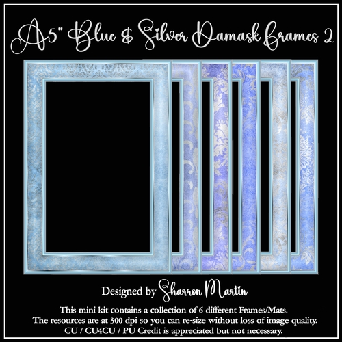 A5 Blue & Silver Damask Frames 7-12 in PNG