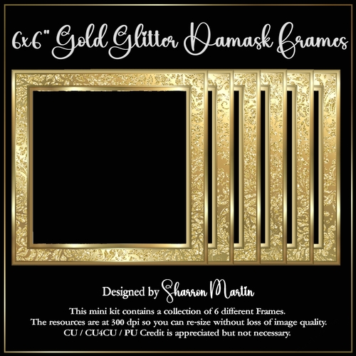 6x6 Glitter Gold Damask Frames 1-6 in PNG