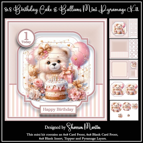 8x8 Birthday Cake & Balloons Mini Pyramage Kit - x5 A4 sheets 