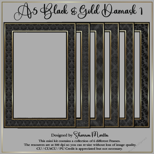 A5 Black & Gold Damask Frames 1-6 PNG 